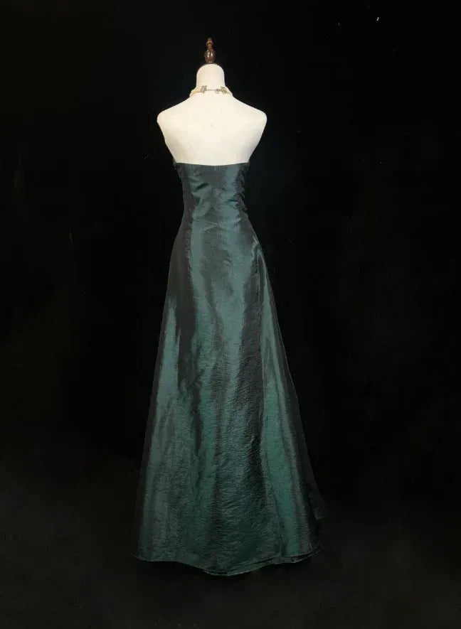 Pretty A Line Strapless Beaded Appliques Satin Dark Green Long Prom Dress