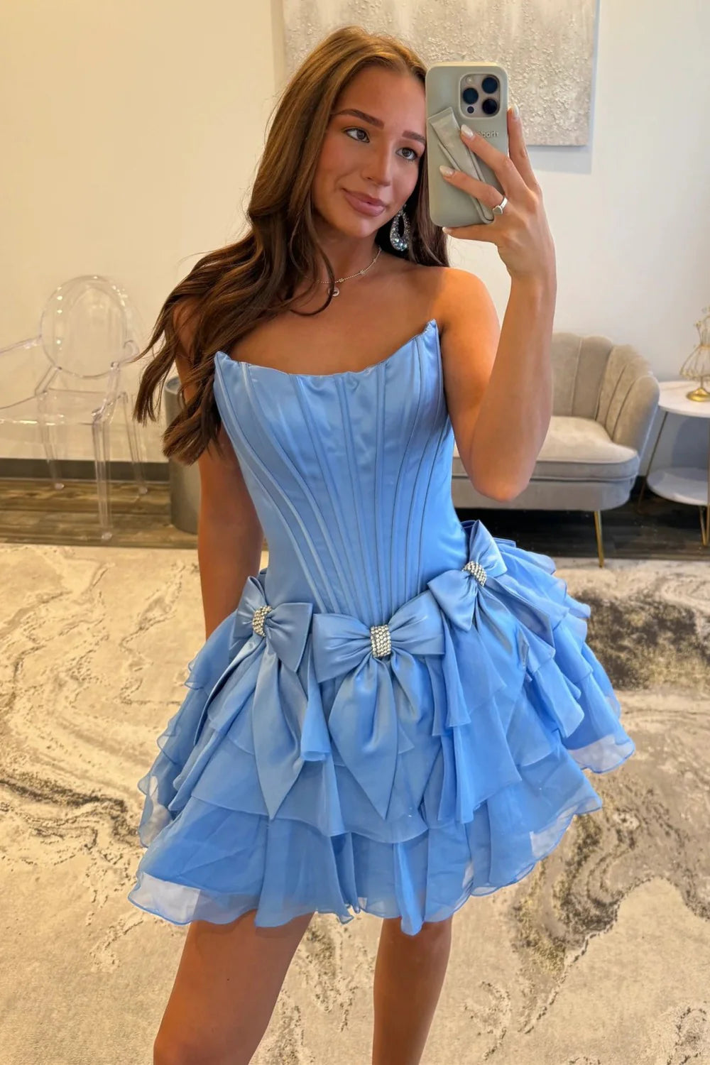 Pretty A Line Strapless Corset Ruffle Tiered White Homecoming Dress With Bow