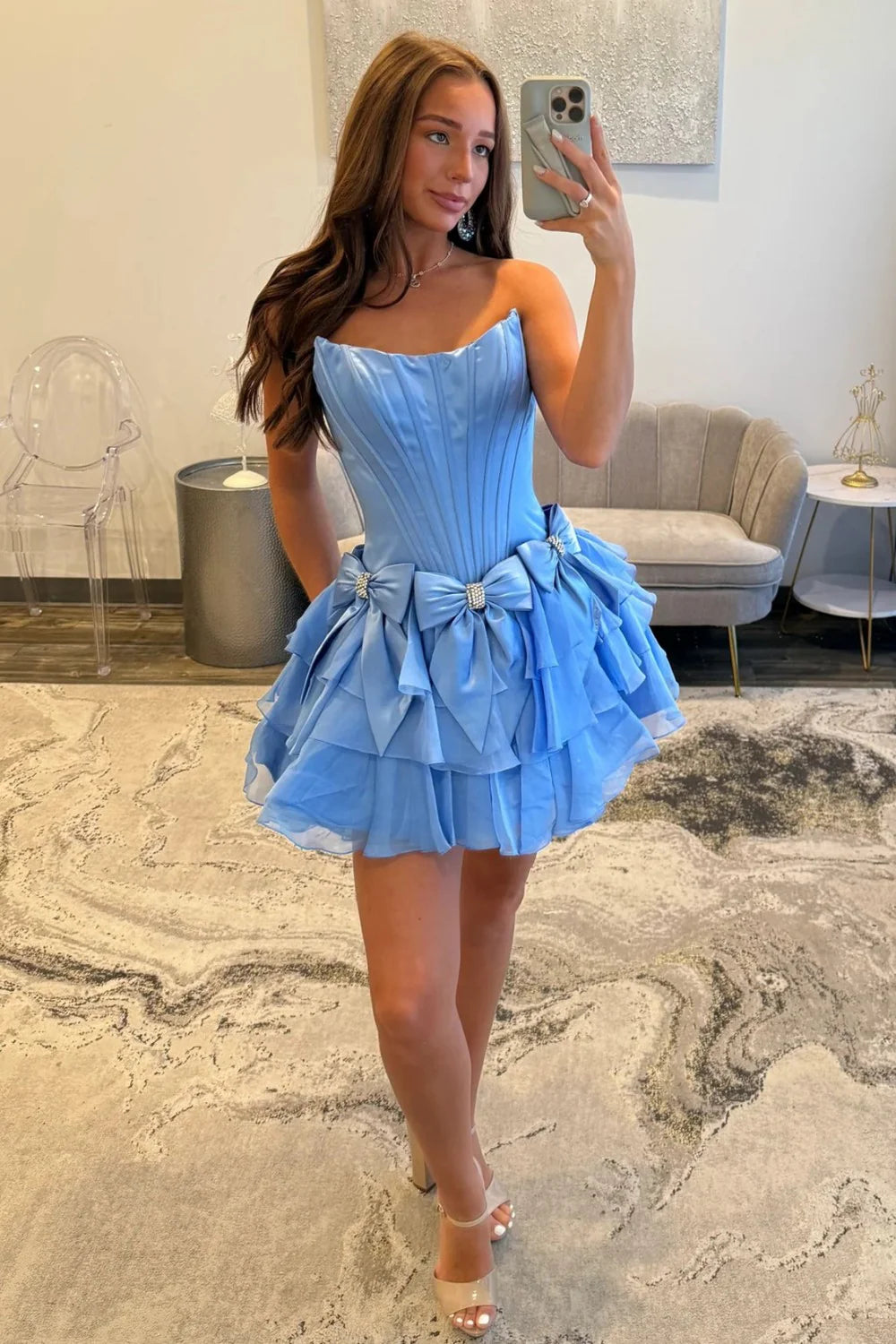 Pretty A Line Strapless Corset Ruffle Tiered White Homecoming Dress With Bow