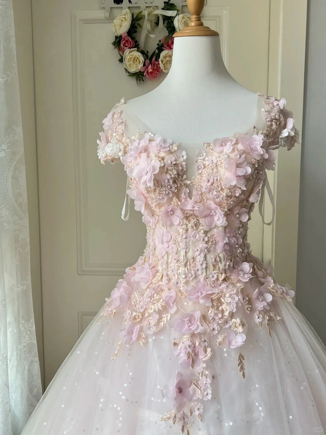 Pretty A Line Sweetheart Beaded Applique Pink Long Prom Dress Princess Dress