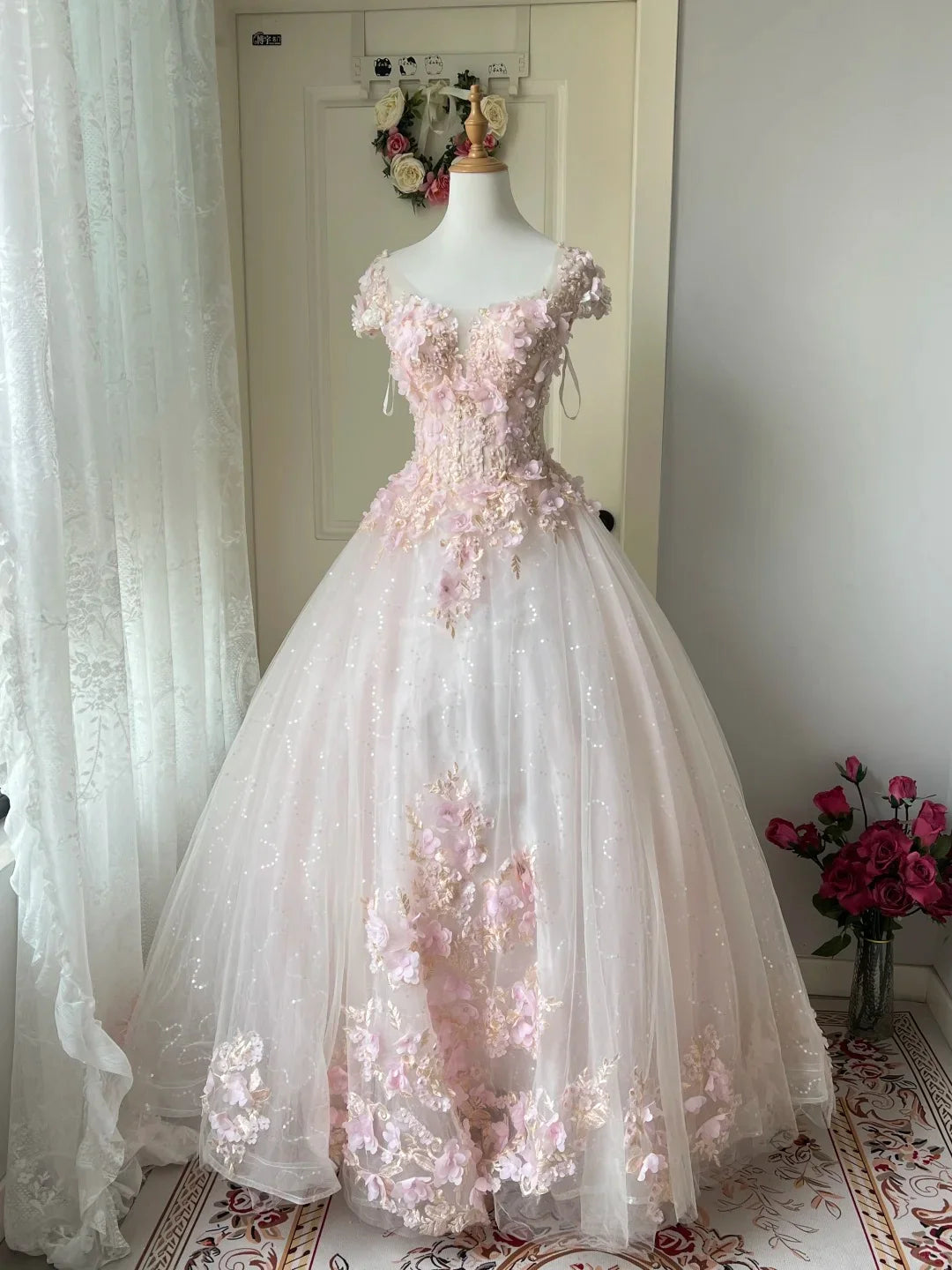 Pretty A Line Sweetheart Beaded Applique Pink Long Prom Dress Princess Dress