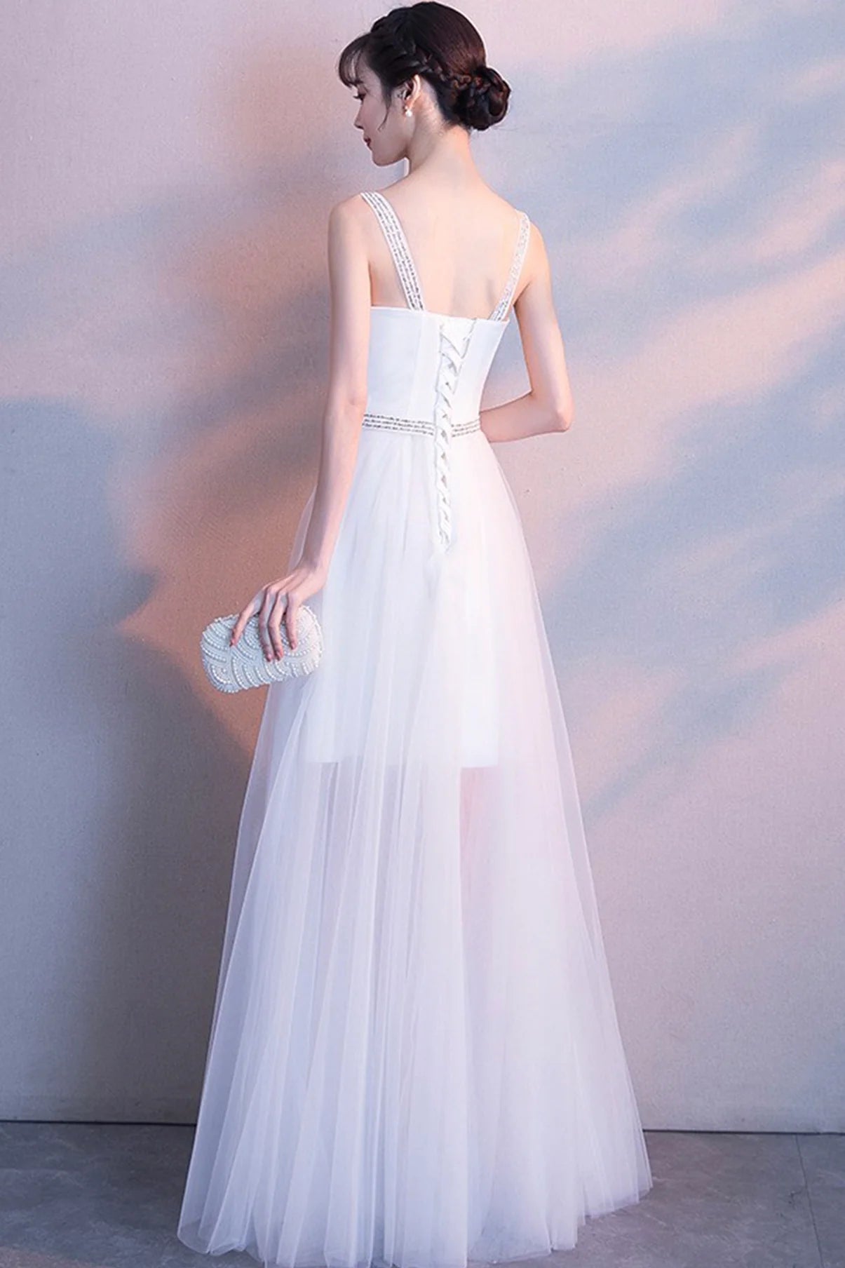 Pretty A Line Sweetheart Beaded Lace Up Tulle White Long Prom Dress