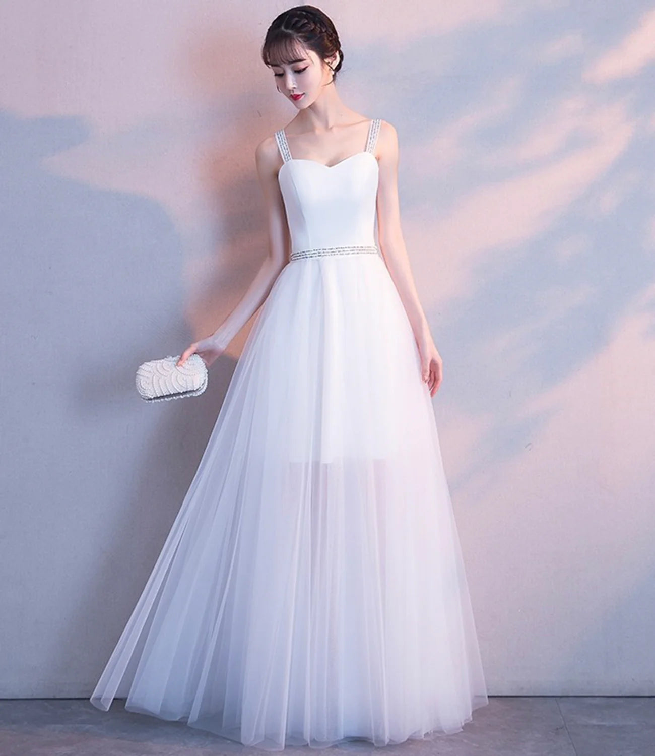Pretty A Line Sweetheart Beaded Lace Up Tulle White Long Prom Dress