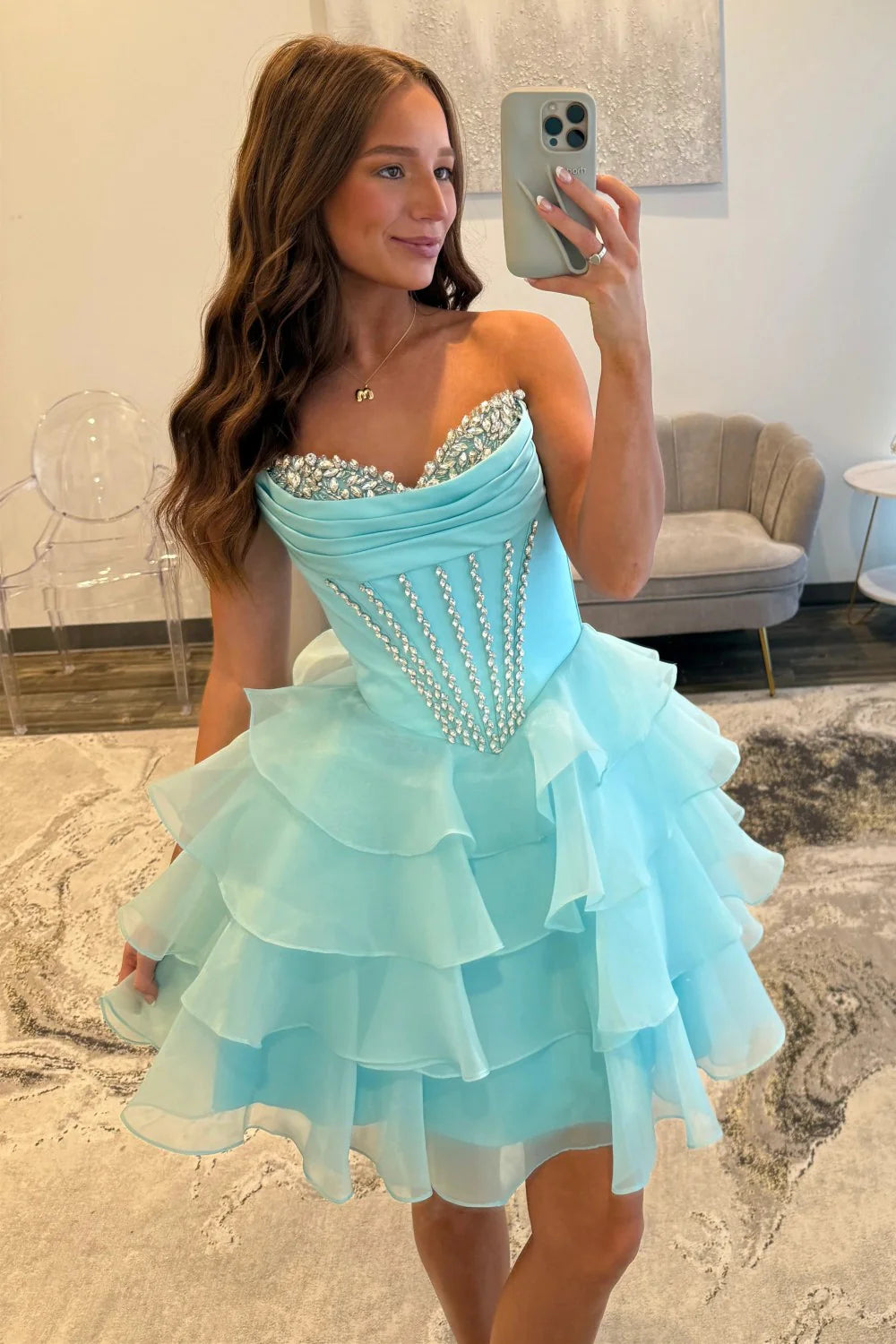 Pretty A Line Sweetheart Corset Beading Ruffles Tiered Blue Homecoming Dress