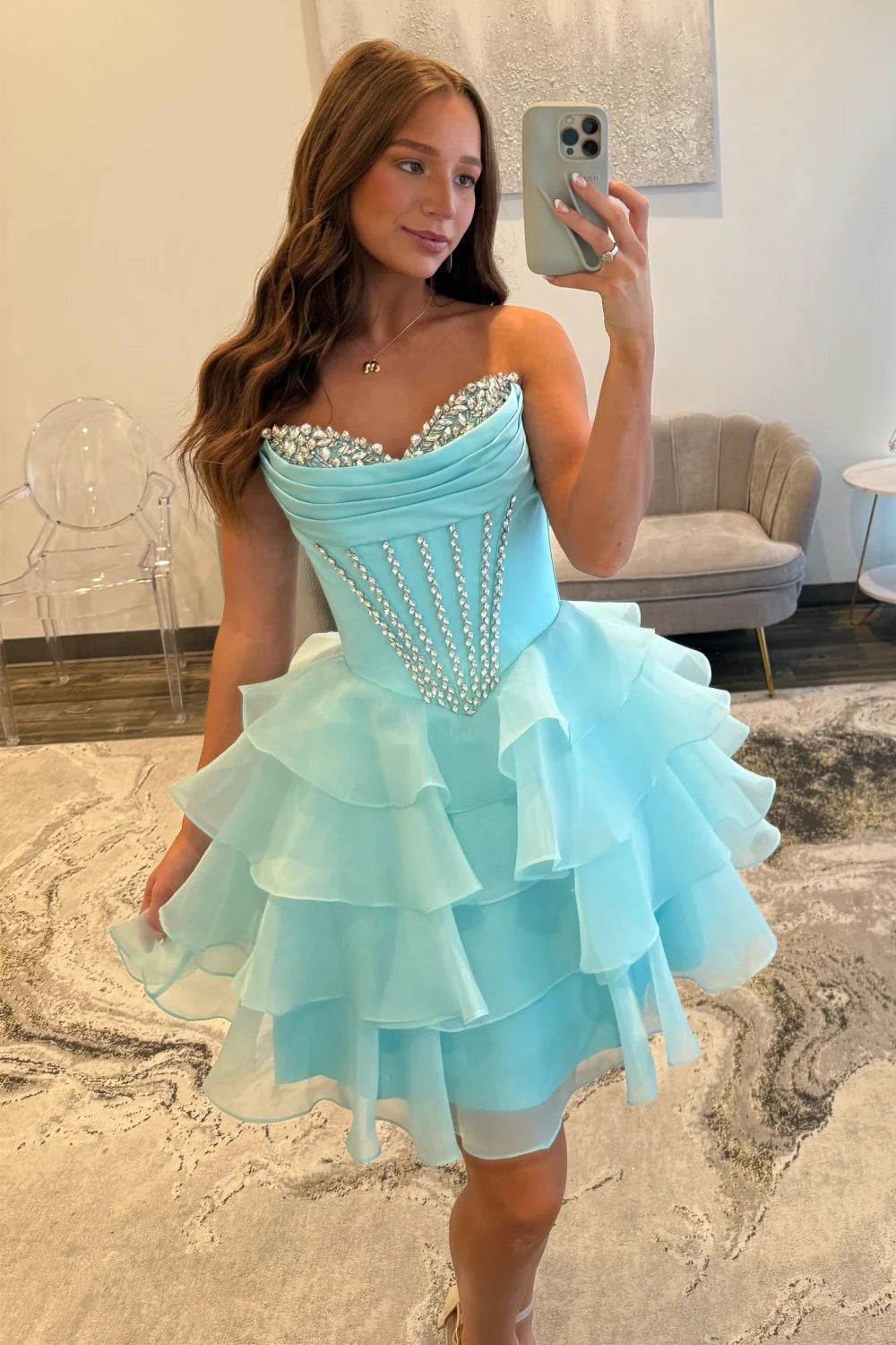 Pretty A Line Sweetheart Corset Beading Ruffles Tiered Blue Homecoming Dress