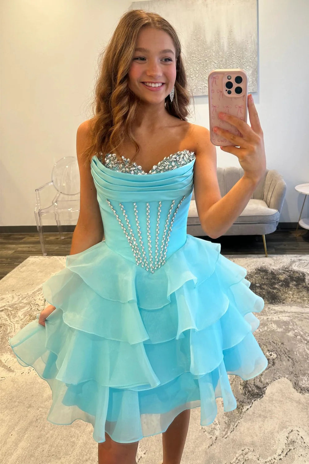 Pretty A Line Sweetheart Corset Beading Ruffles Tiered Blue Homecoming Dress