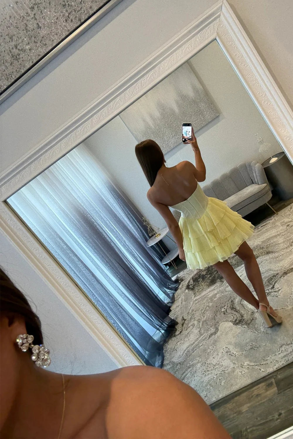 Pretty A Line Sweetheart Corset Ruffles Yellow Homecoming Dress With Beaded