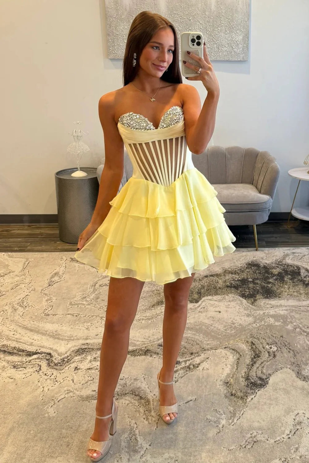 Pretty A Line Sweetheart Corset Ruffles Yellow Homecoming Dress With Beaded