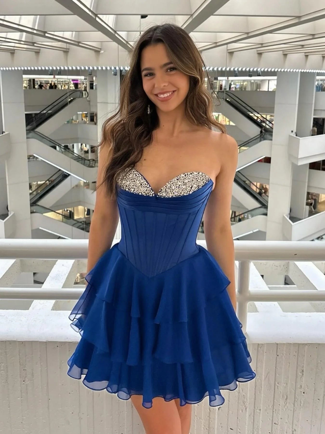 Pretty A Line Sweetheart Corset Tiered Navy Homecoming Dress With Beaded