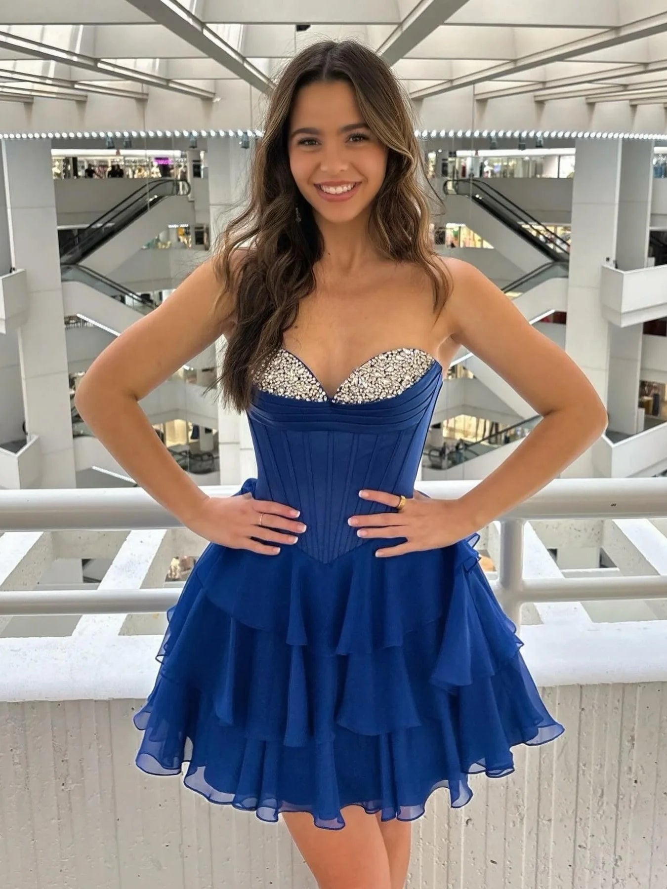 Pretty A Line Sweetheart Corset Tiered Navy Homecoming Dress With Beaded
