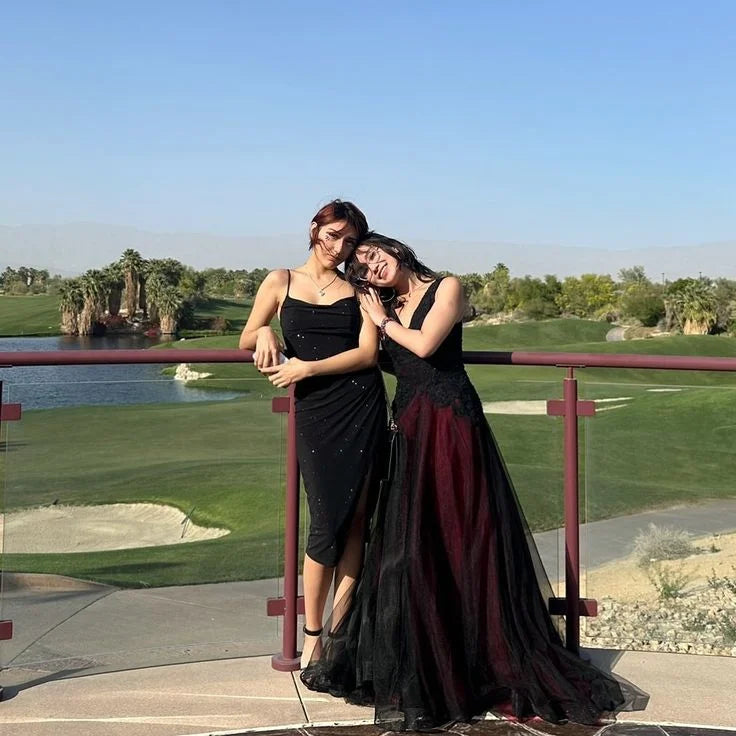 Pretty A Line V Neck Applique Tulle Black Prom Dress Evening Dress