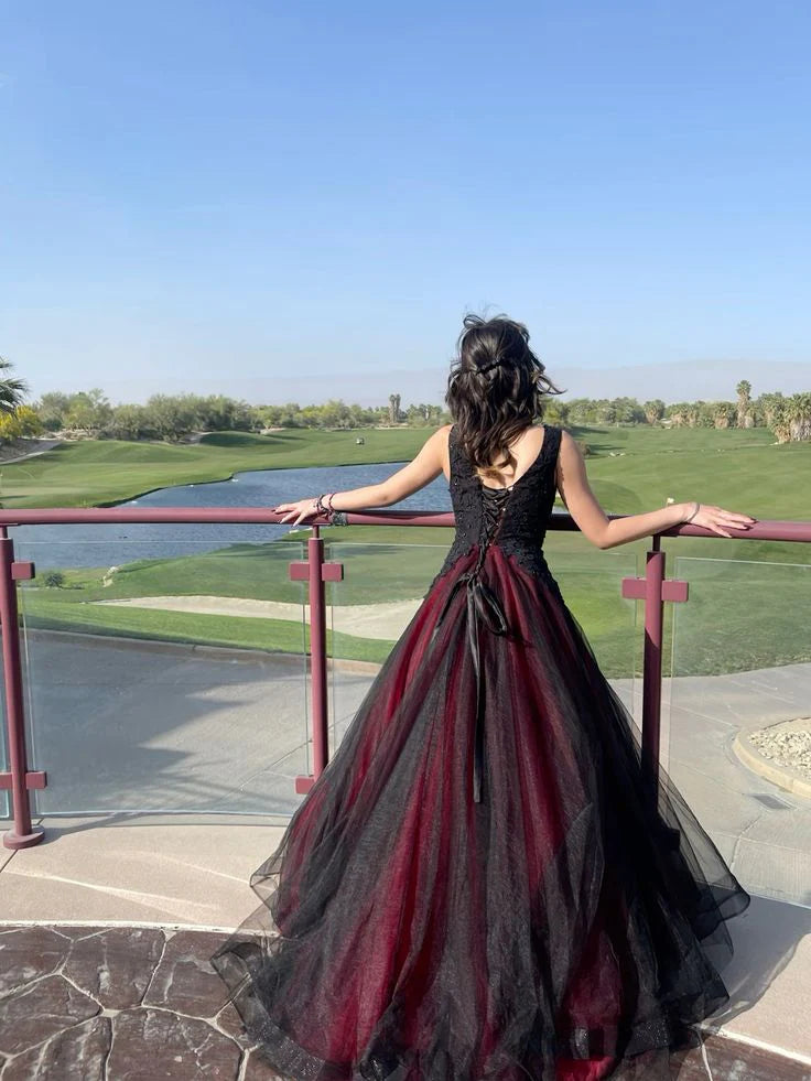 Pretty A Line V Neck Applique Tulle Black Prom Dress Evening Dress