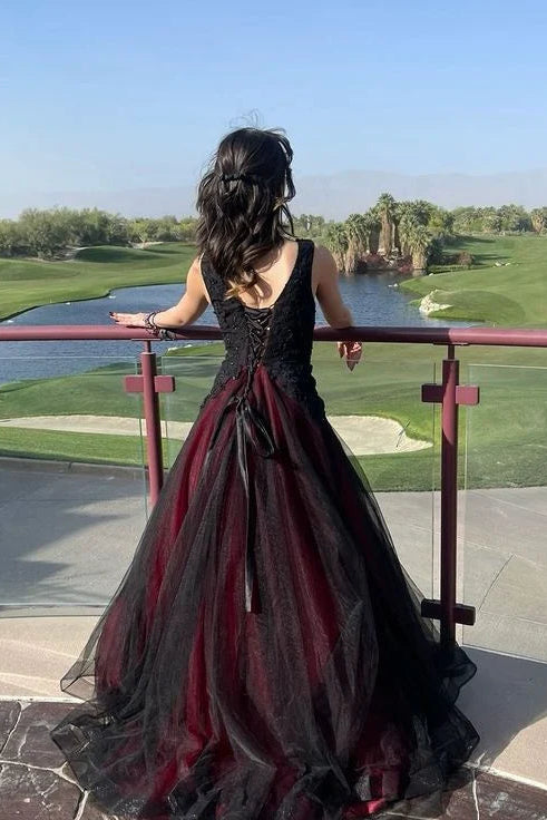 Pretty A Line V Neck Applique Tulle Black Prom Dress Evening Dress