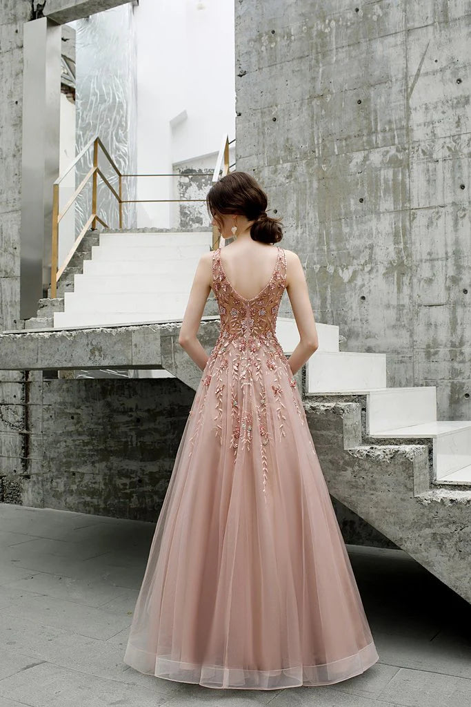 Pretty A Line V Neck Beaded Tulle Pink Prom Dress For Women Custom