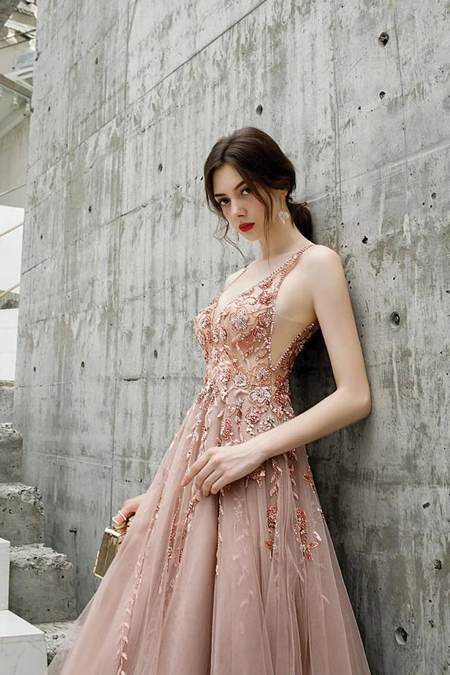 Pretty A Line V Neck Beaded Tulle Pink Prom Dress For Women Custom