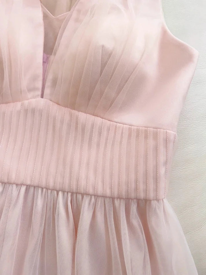 Pretty A line V Neck Butterfly Applique Tulle Pink Long Evening Dress Prom Dress