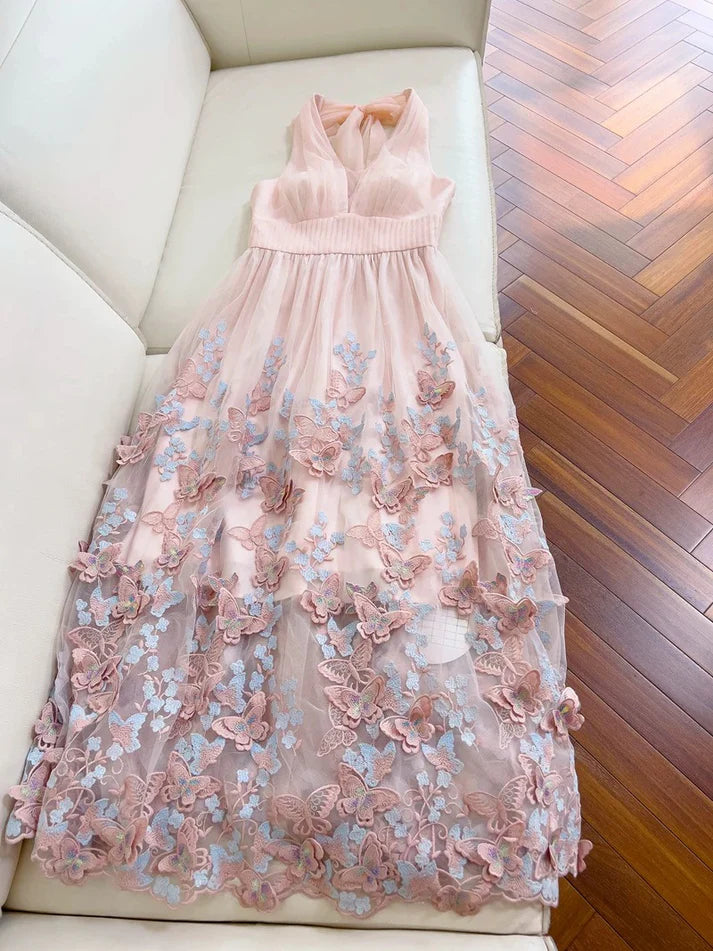 Pretty A line V Neck Butterfly Applique Tulle Pink Long Evening Dress Prom Dress