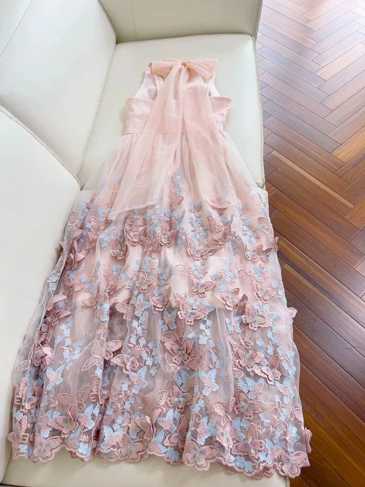 Pretty A line V Neck Butterfly Applique Tulle Pink Long Evening Dress Prom Dress