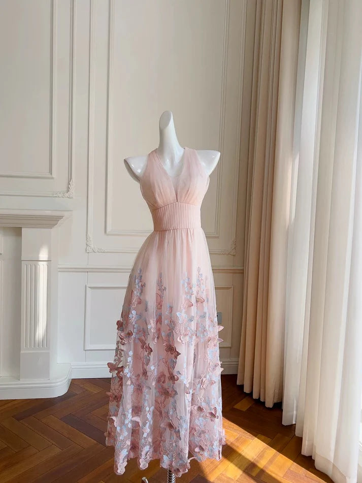 Pretty A line V Neck Butterfly Applique Tulle Pink Long Evening Dress Prom Dress