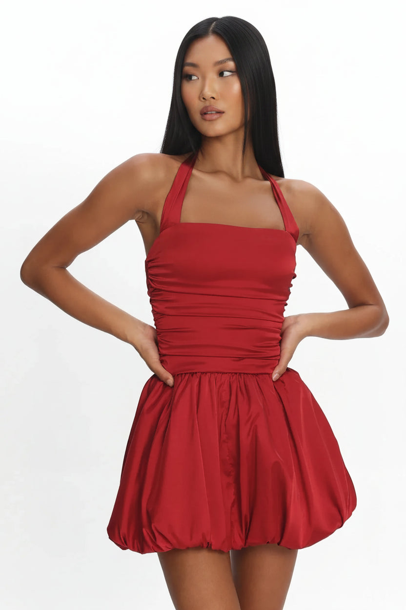 Pretty Halter Neck Ruched Red Short Homecoming Dress With Bubble Hem Custom