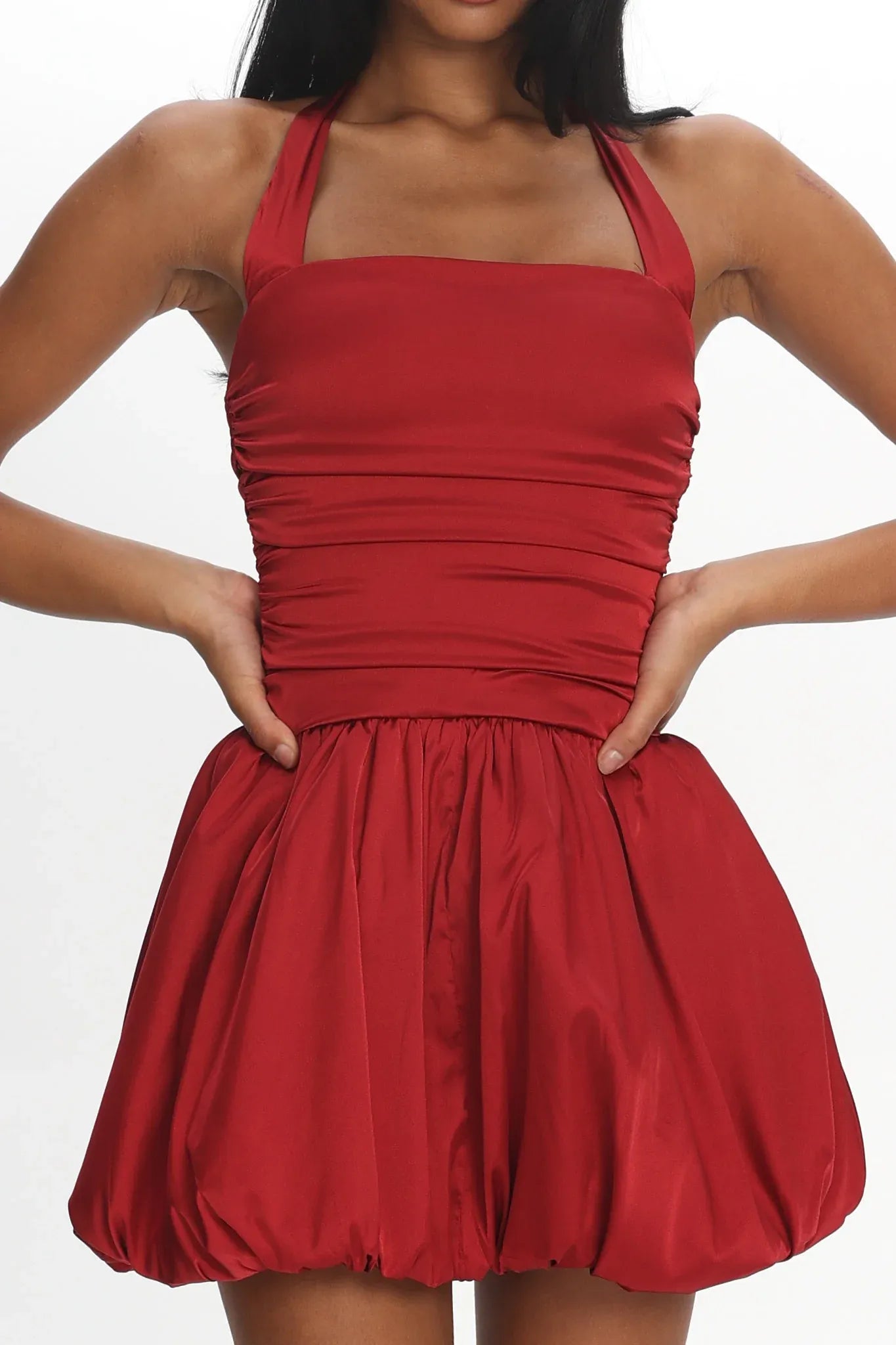 Pretty Halter Neck Ruched Red Short Homecoming Dress With Bubble Hem Custom