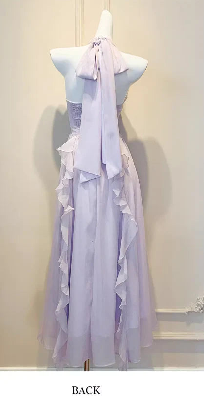 Pretty Halter Ruffles Backless Chiffon Purple Evening Dresses Party Dresses