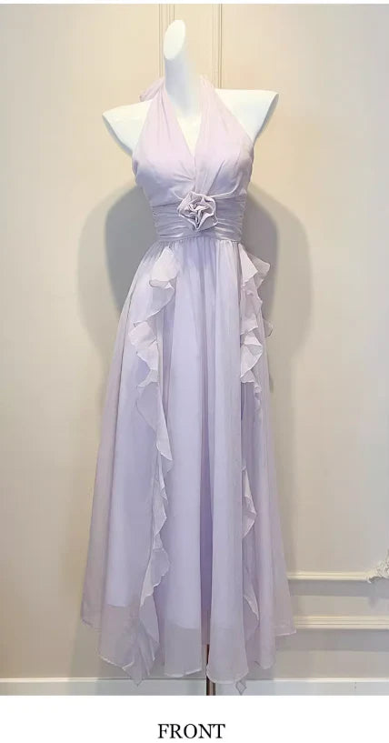 Pretty Halter Ruffles Backless Chiffon Purple Evening Dresses Party Dresses