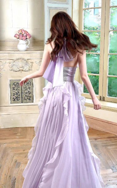 Pretty Halter Ruffles Backless Chiffon Purple Evening Dresses Party Dresses