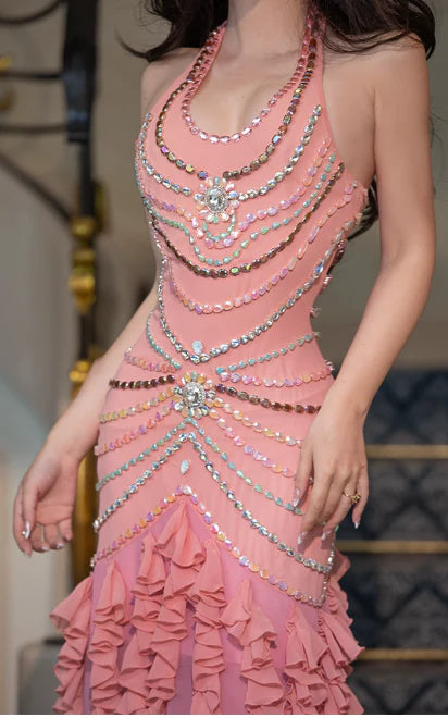 Pretty Mermaid Halter Ruffle Beaded Pink Long Prom Dress Evening Dress