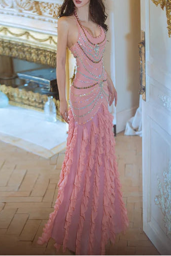 Pretty Mermaid Halter Ruffle Beaded Pink Long Prom Dress Evening Dress