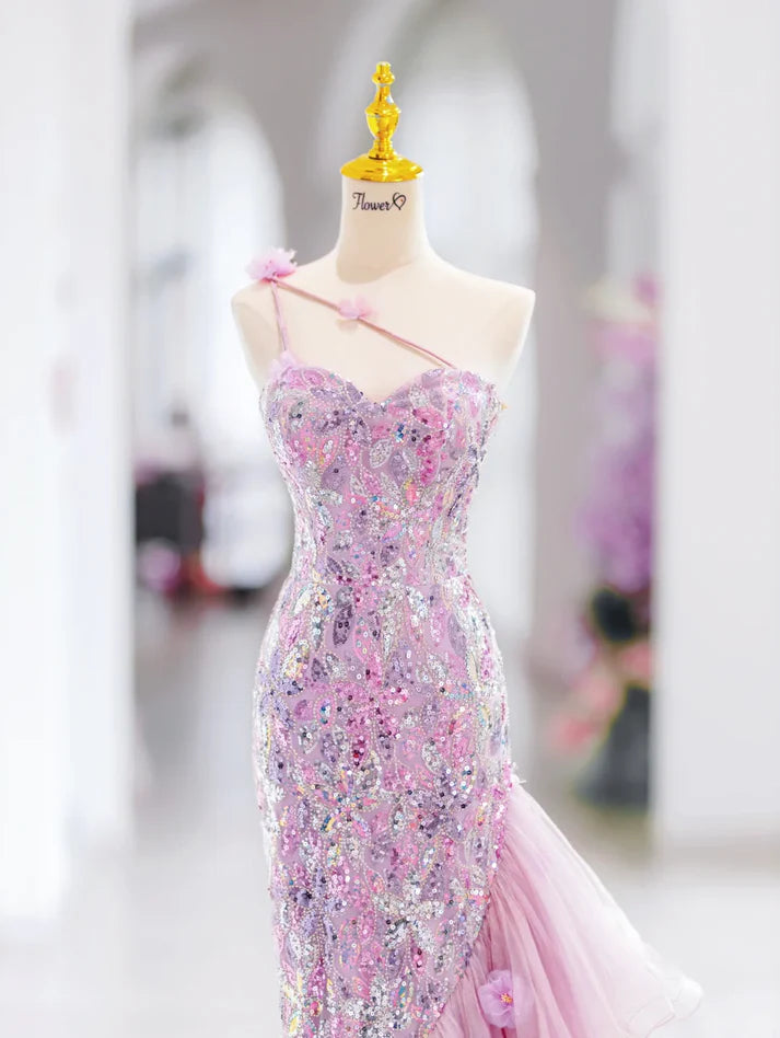Pretty Mermaid One Shoulder Sequin Pink Long Evening Dress Prom Dress Handmade