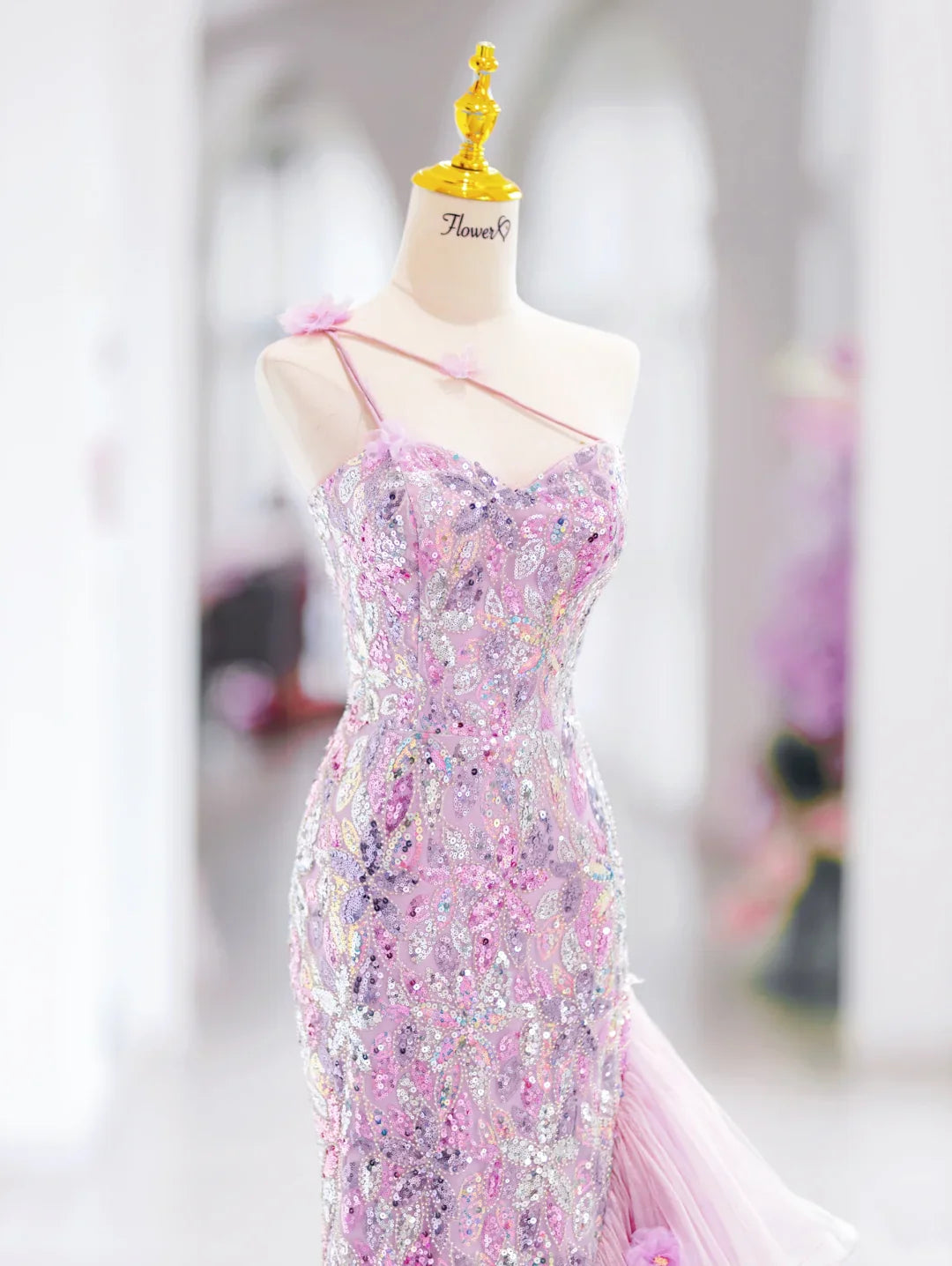 Pretty Mermaid One Shoulder Sequin Pink Long Evening Dress Prom Dress Handmade