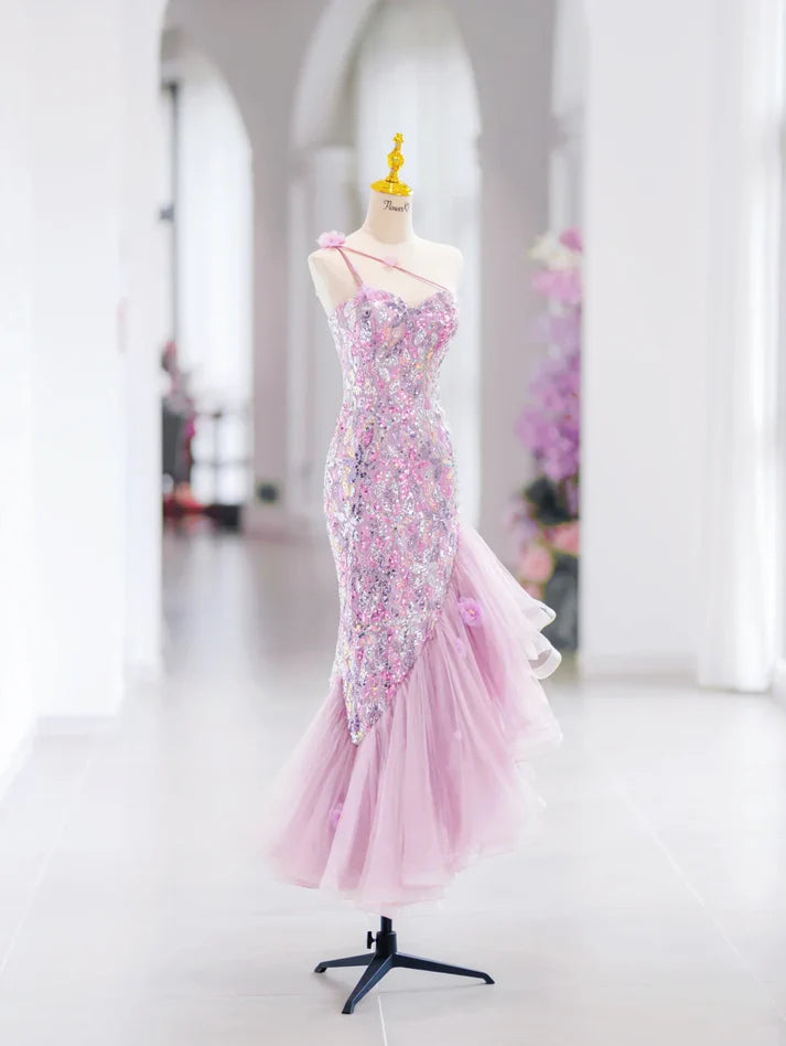 Pretty Mermaid One Shoulder Sequin Pink Long Evening Dress Prom Dress Handmade