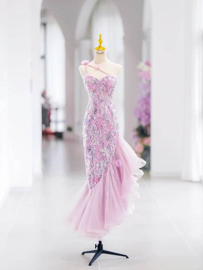 Pretty Mermaid One Shoulder Sequin Pink Long Evening Dress Prom Dress Handmade