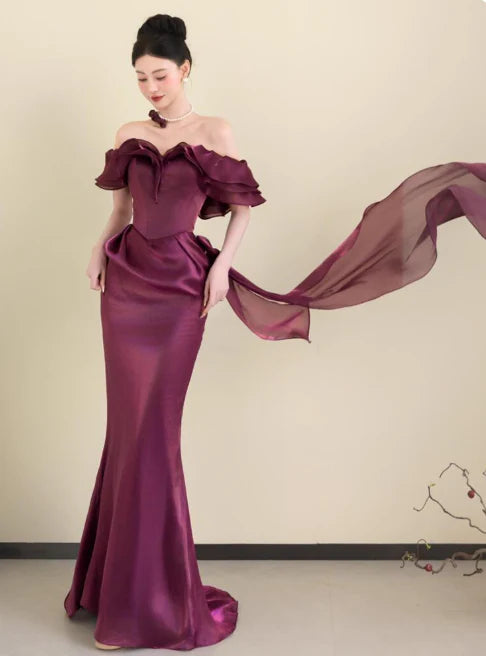 Pretty Mermaid Satin Grape Long Prom Dresses Evening Dresses With Streamer