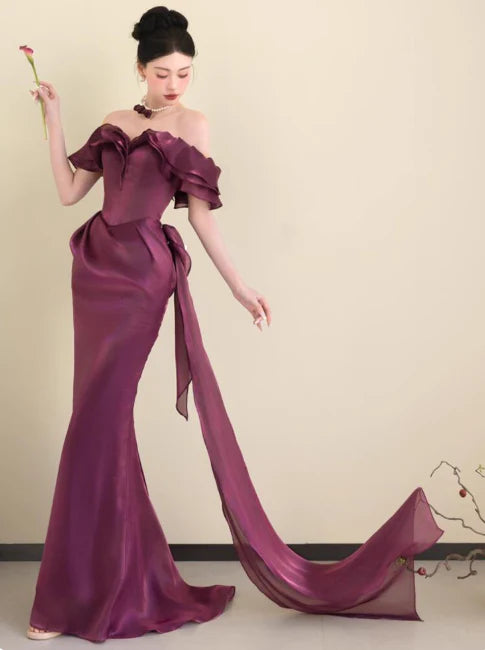 Pretty Mermaid Satin Grape Long Prom Dresses Evening Dresses With Streamer