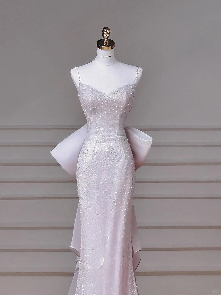 Pretty Mermaid Spaghetti Strap Beaded Tulle Pink Evening Dress With Bow