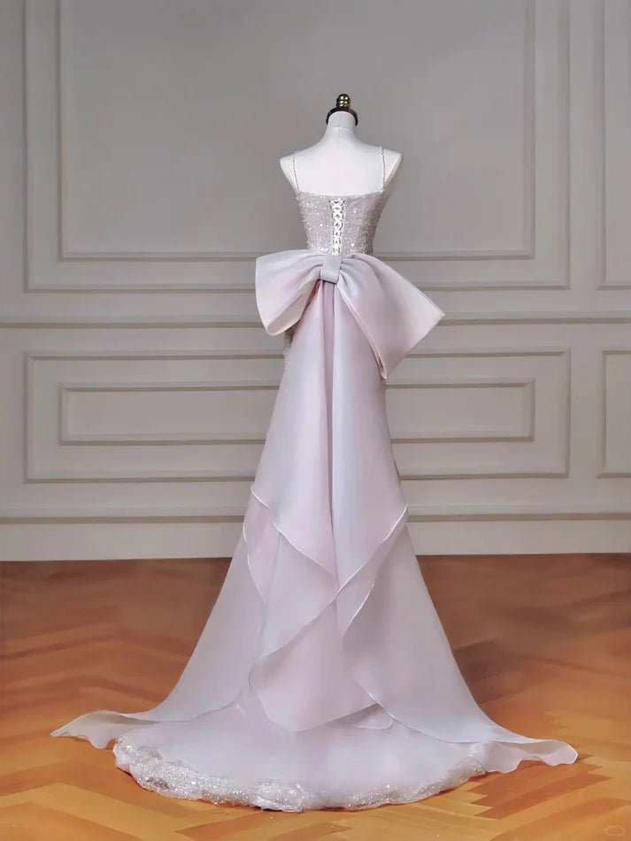 Pretty Mermaid Spaghetti Strap Beaded Tulle Pink Evening Dress With Bow