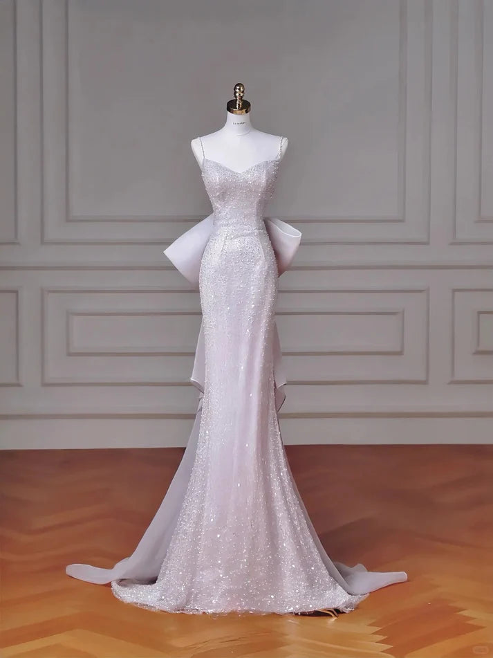 Pretty Mermaid Spaghetti Strap Beaded Tulle Pink Evening Dress With Bow