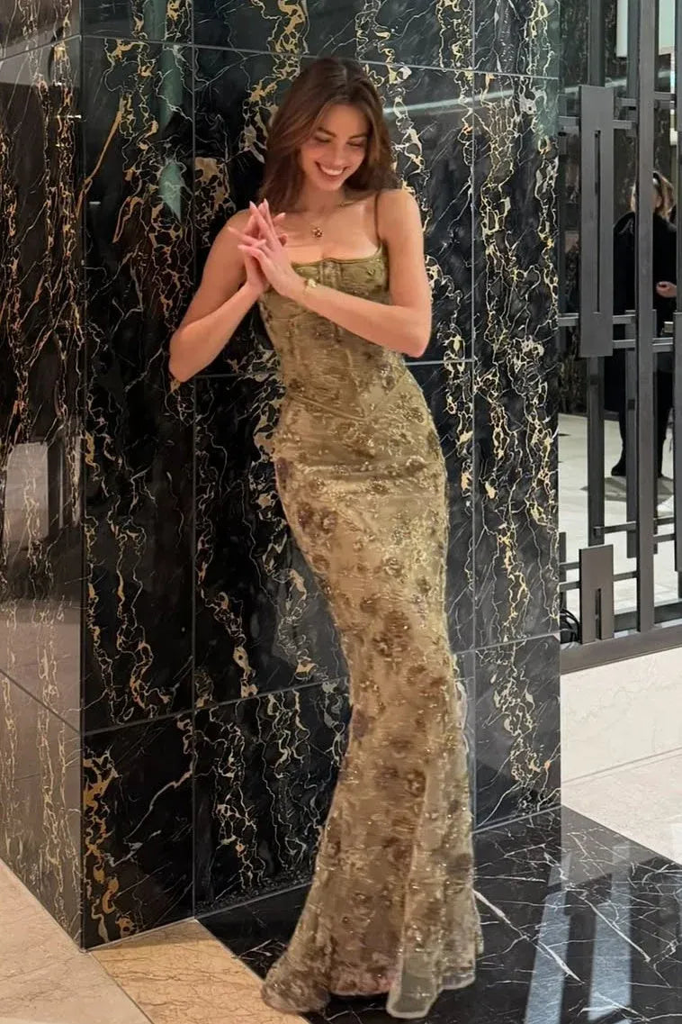 Pretty Mermaid Spaghetti Straps Lace Embellished Olive Floor-Length Prom Dress