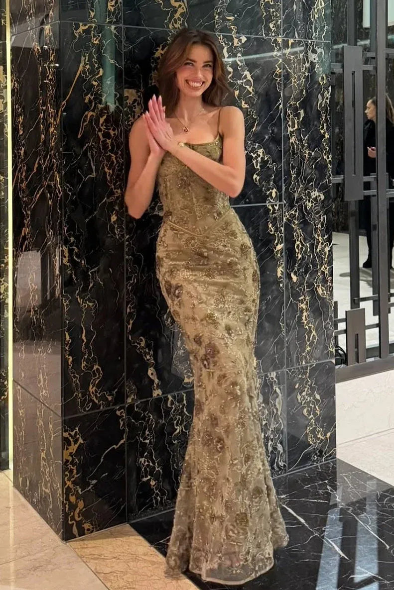 Pretty Mermaid Spaghetti Straps Lace Embellished Olive Floor-Length Prom Dress