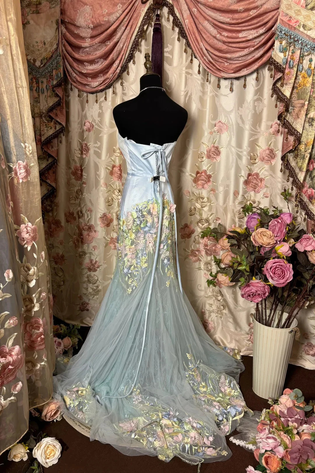 Pretty Mermaid Strapless Applique Embroidery Blue Long Prom Dress