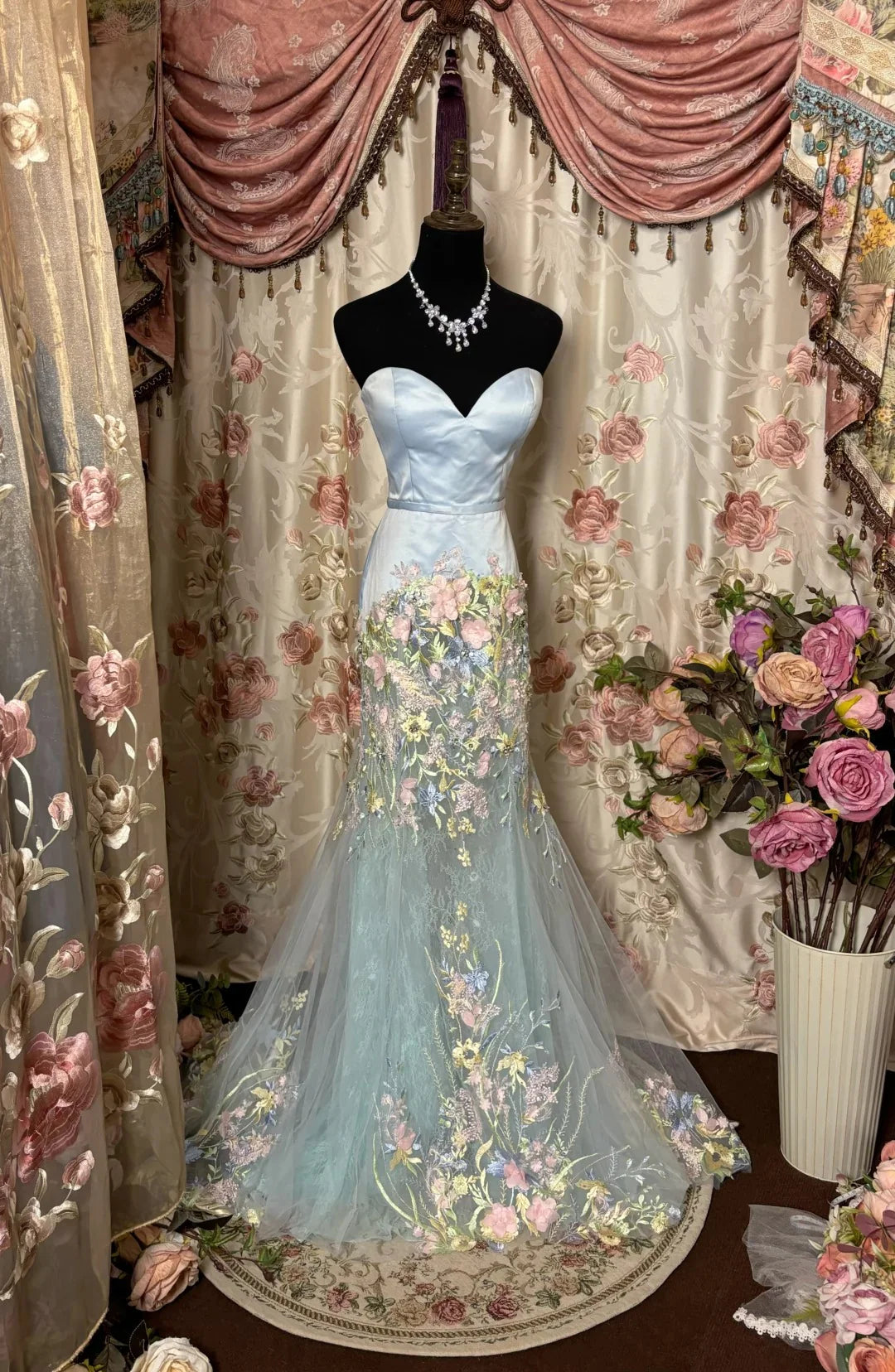 Pretty Mermaid Strapless Applique Embroidery Blue Long Prom Dress