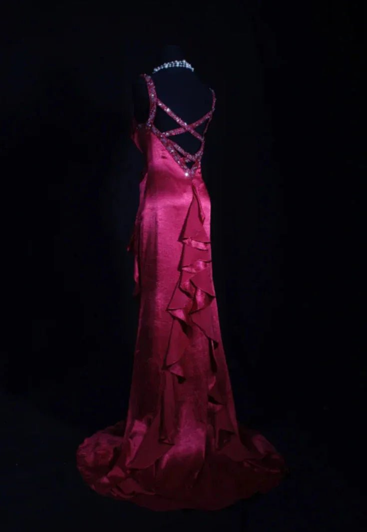 Pretty Mermaid V-Neck Beaded Ruffled Satin Burgundy Long Prom Dress