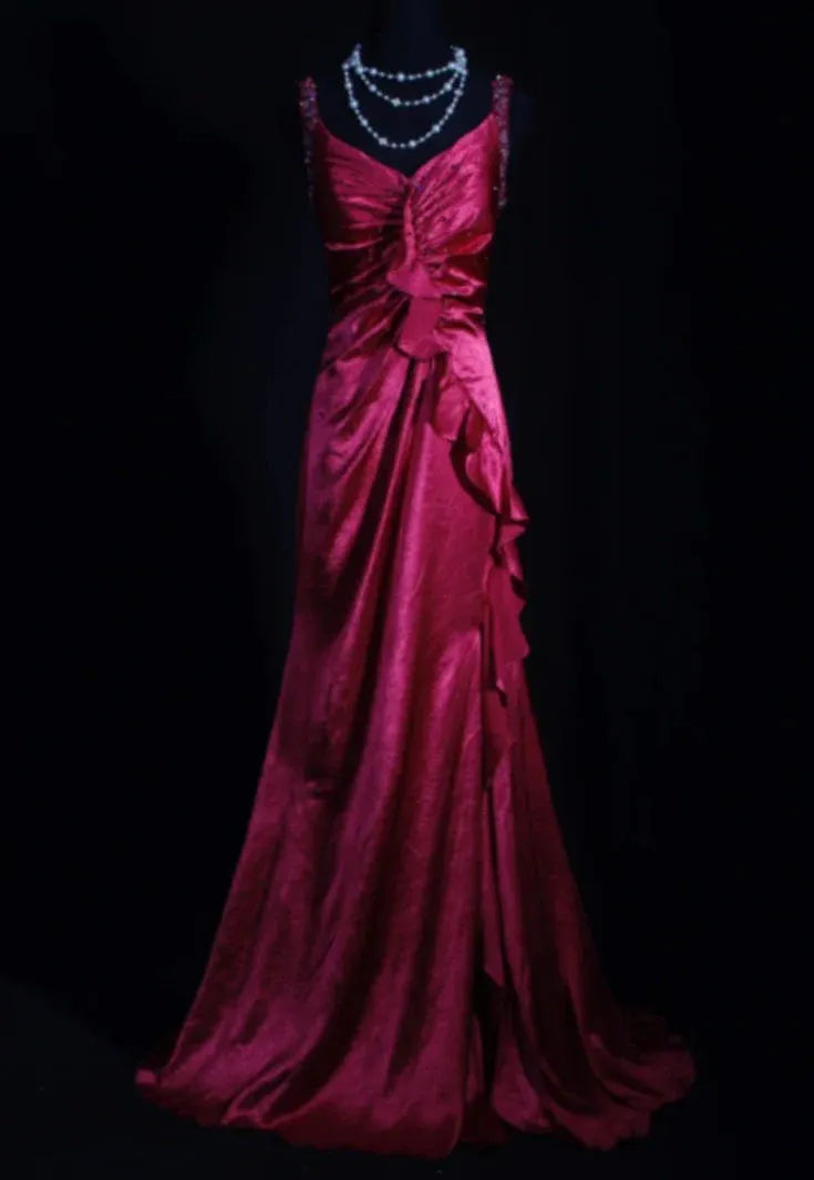 Pretty Mermaid V-Neck Beaded Ruffled Satin Burgundy Long Prom Dress