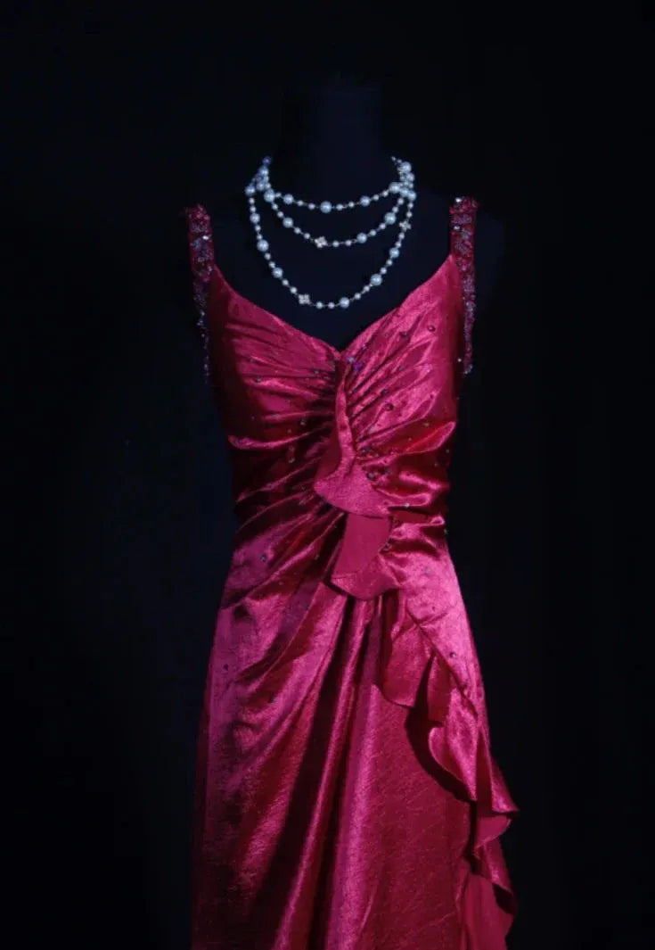 Pretty Mermaid V-Neck Beaded Ruffled Satin Burgundy Long Prom Dress