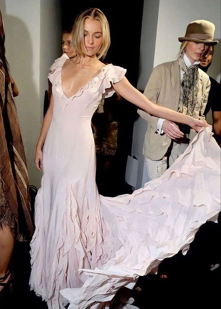 Pretty Mermaid V Neck Ruffle Chiffon Pink Long Prom Dress Evening Dress