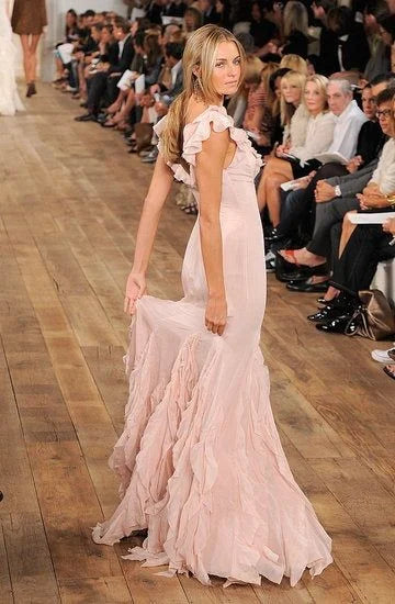 Pretty Mermaid V Neck Ruffle Chiffon Pink Long Prom Dress Evening Dress