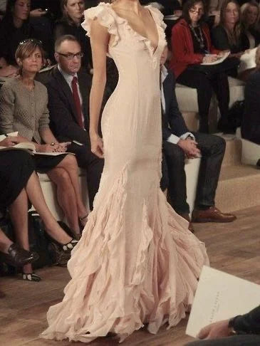 Pretty Mermaid V Neck Ruffle Chiffon Pink Long Prom Dress Evening Dress