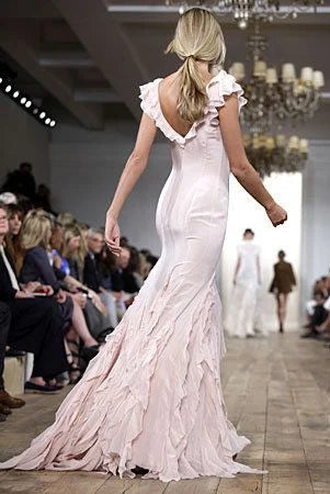 Pretty Mermaid V Neck Ruffle Chiffon Pink Long Prom Dress Evening Dress